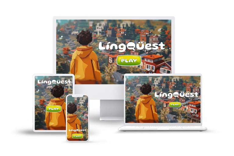 LingQuest adventure displayed across desktop, laptop, tablet, and phone screens